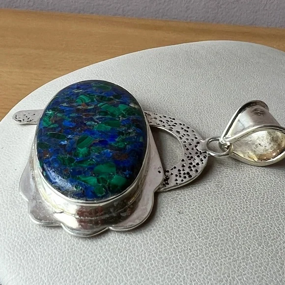 OVERSIZED STATEMENT LAPIS MALACHITE CHRYSOCOLLA PENDANT 925 STERLING SILVER
